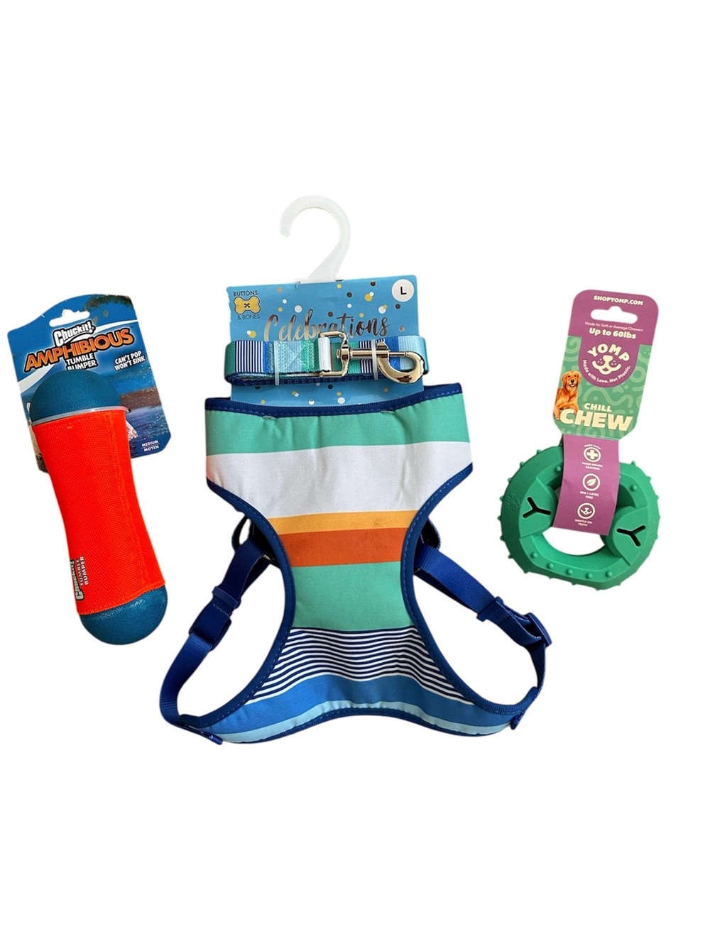 Large Dog Harness & Leash, Yomp Silicone Chill Chew, Chuckit! Water TumbleBumper